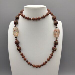 Lampwork Art Glass Ceramic Red Jasper Bead Knotted Necklace 32" Vintage Estate